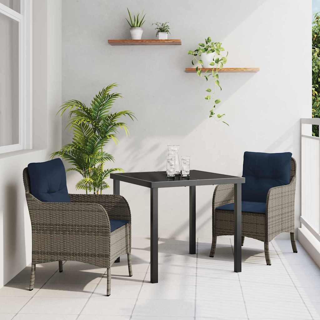 Tuin eettafelset met kussen 3 pcs Grijs poly rattan