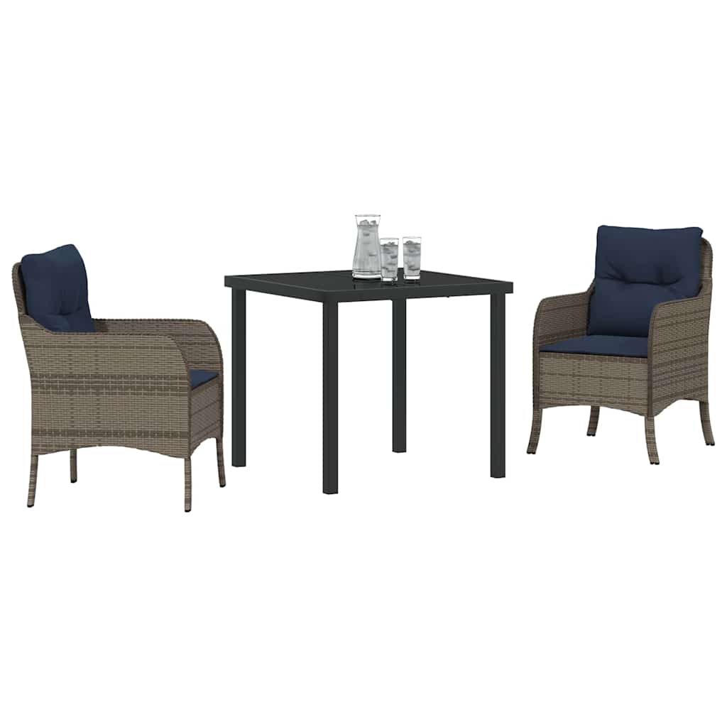 Tuin eettafelset met kussen 3 pcs Grijs poly rattan