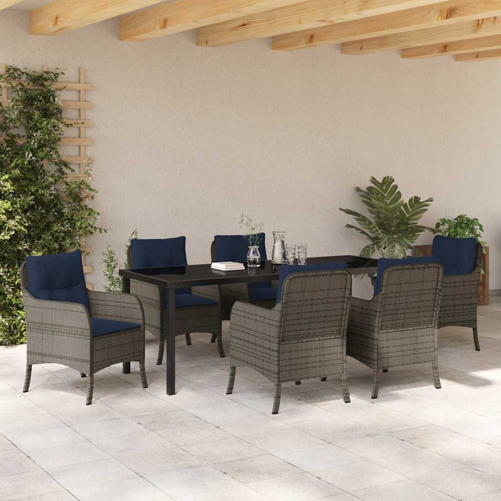 Tuin eettafelset met kussen 7 pcs Grijs poly rattan