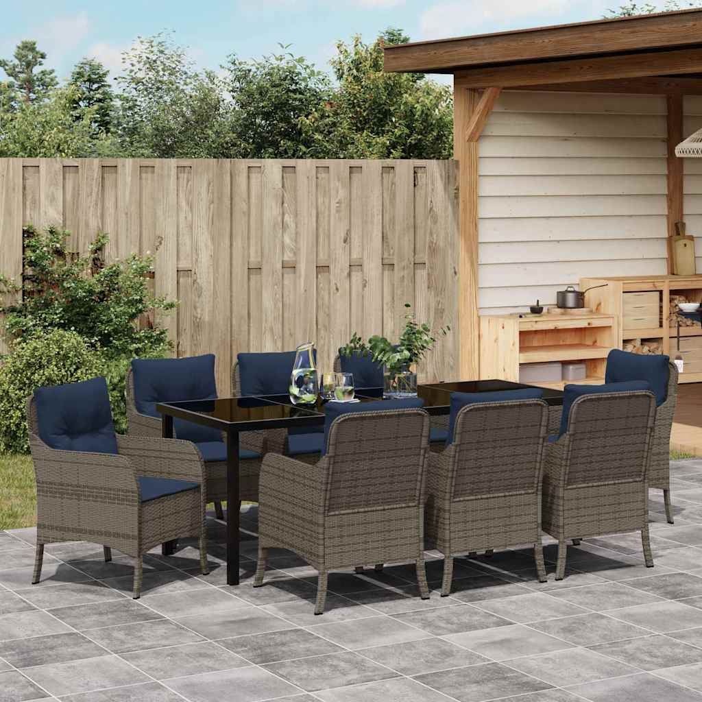 Tuin eettafelset met kussen 9 pcs Grijs poly rattan