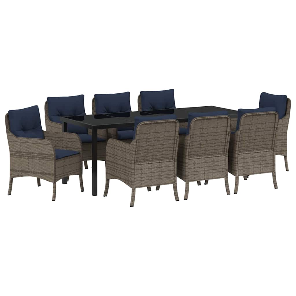 Tuin eettafelset met kussen 9 pcs Grijs poly rattan
