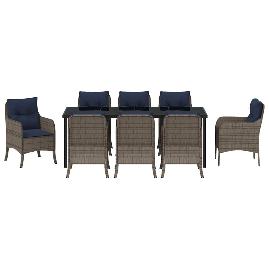 Tuin eettafelset met kussen 9 pcs Grijs poly rattan