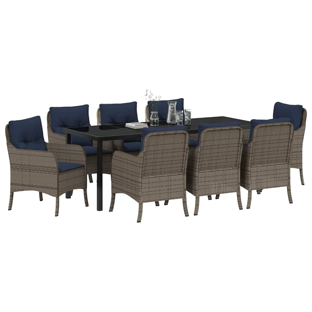 Tuin eettafelset met kussen 9 pcs Grijs poly rattan