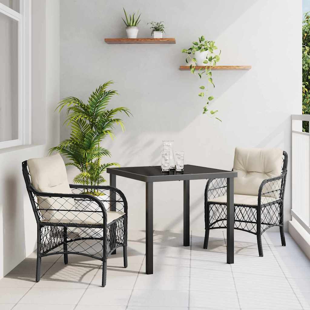 Tuin eettafelset met kussen 3 pcs Zwart poly rattan