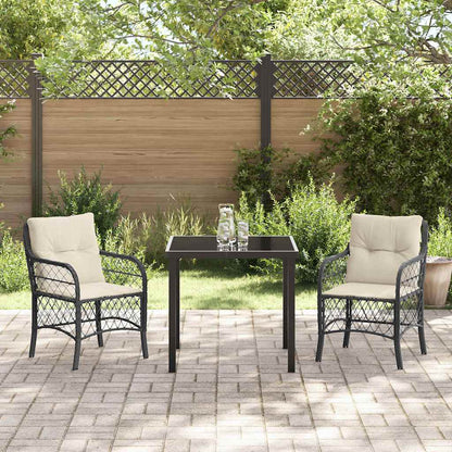 Tuin eettafelset met kussen 3 pcs Zwart poly rattan