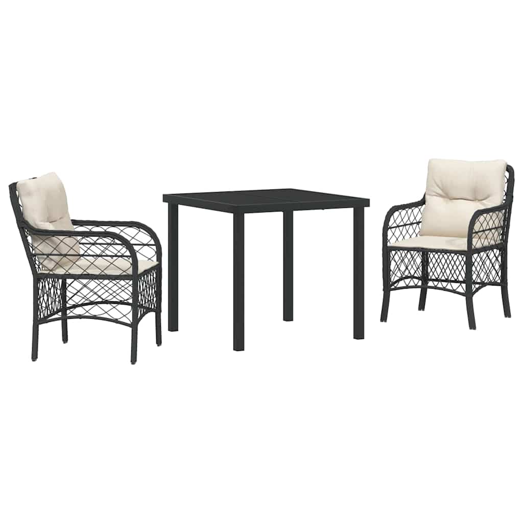 Tuin eettafelset met kussen 3 pcs Zwart poly rattan