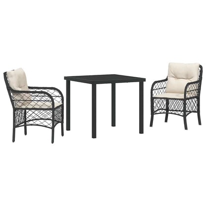 Tuin eettafelset met kussen 3 pcs Zwart poly rattan