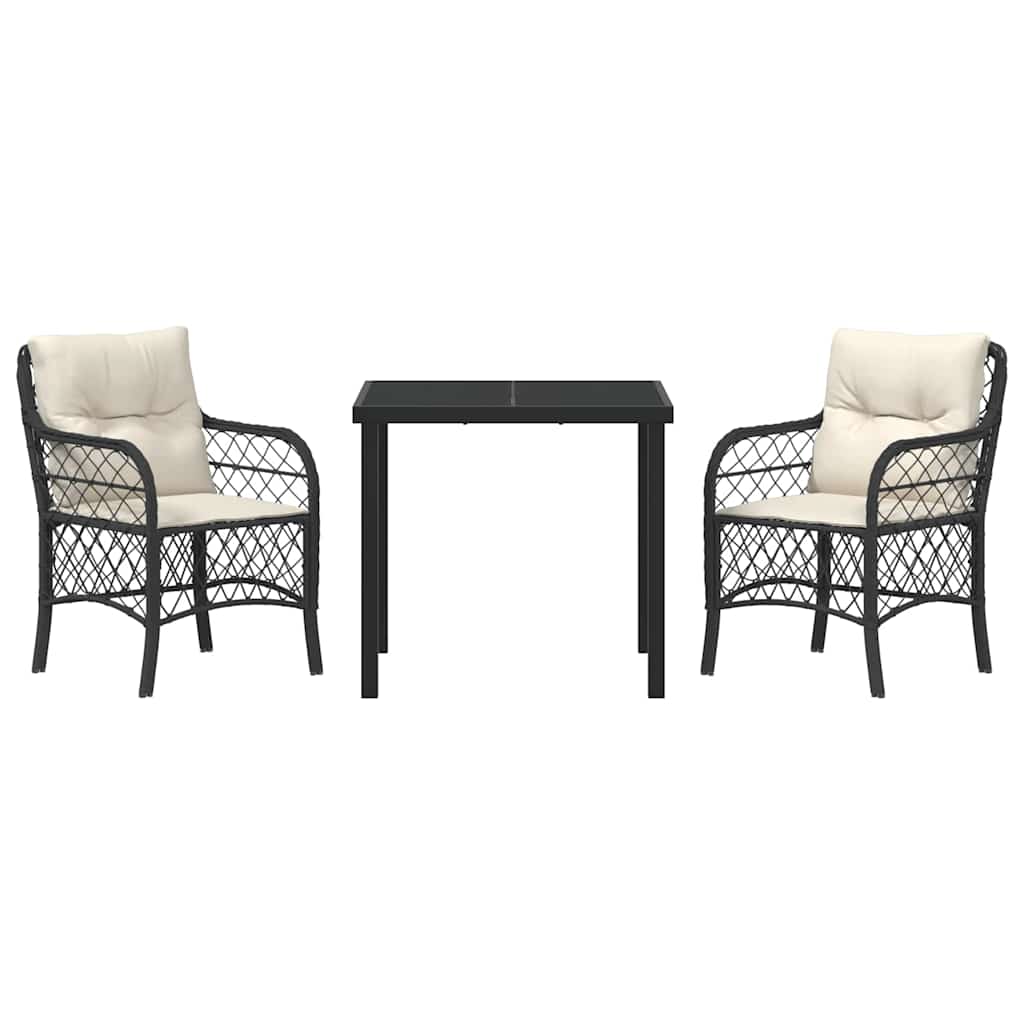 Tuin eettafelset met kussen 3 pcs Zwart poly rattan