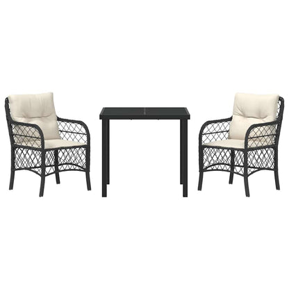 Tuin eettafelset met kussen 3 pcs Zwart poly rattan