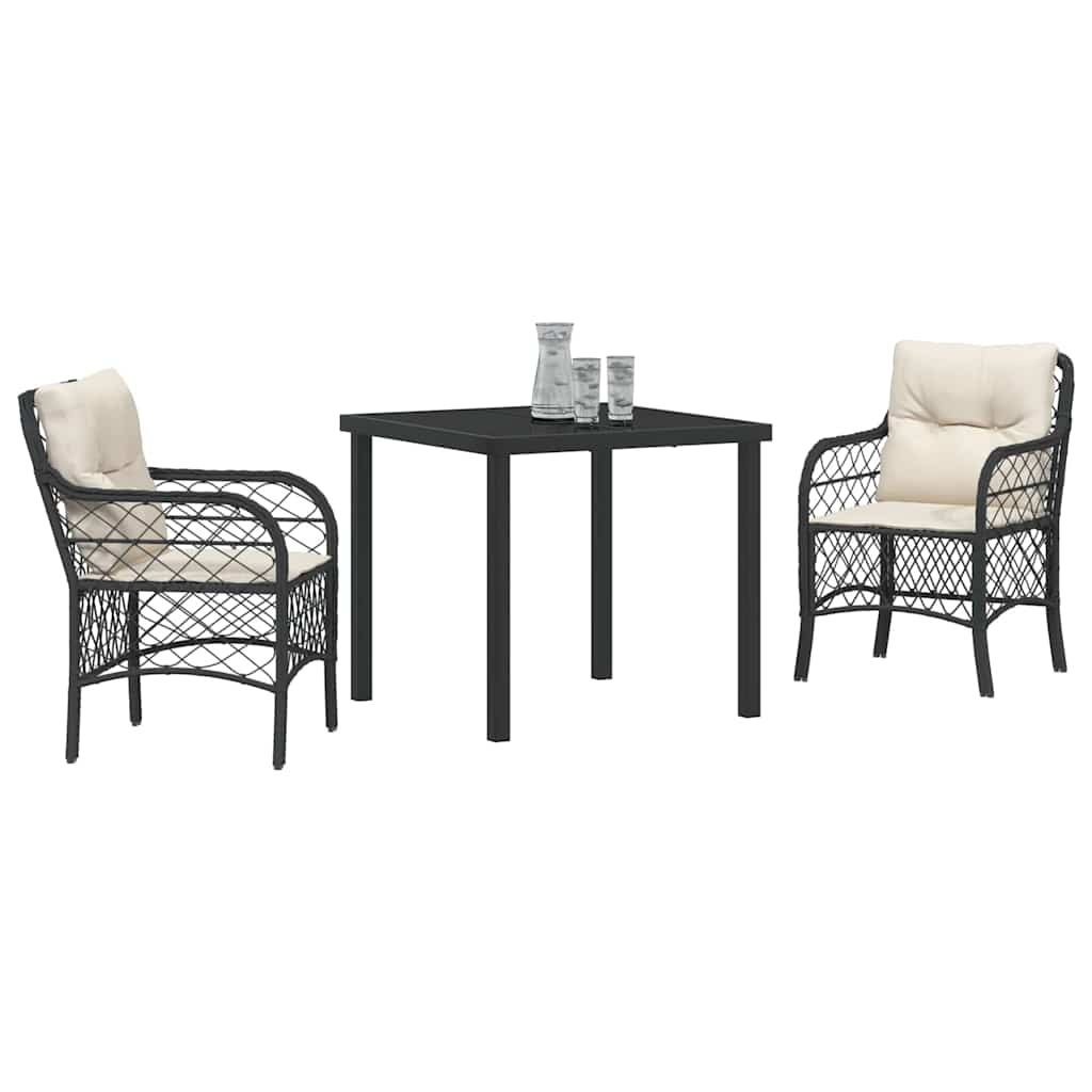 Tuin eettafelset met kussen 3 pcs Zwart poly rattan