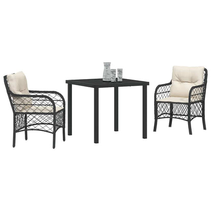 Tuin eettafelset met kussen 3 pcs Zwart poly rattan