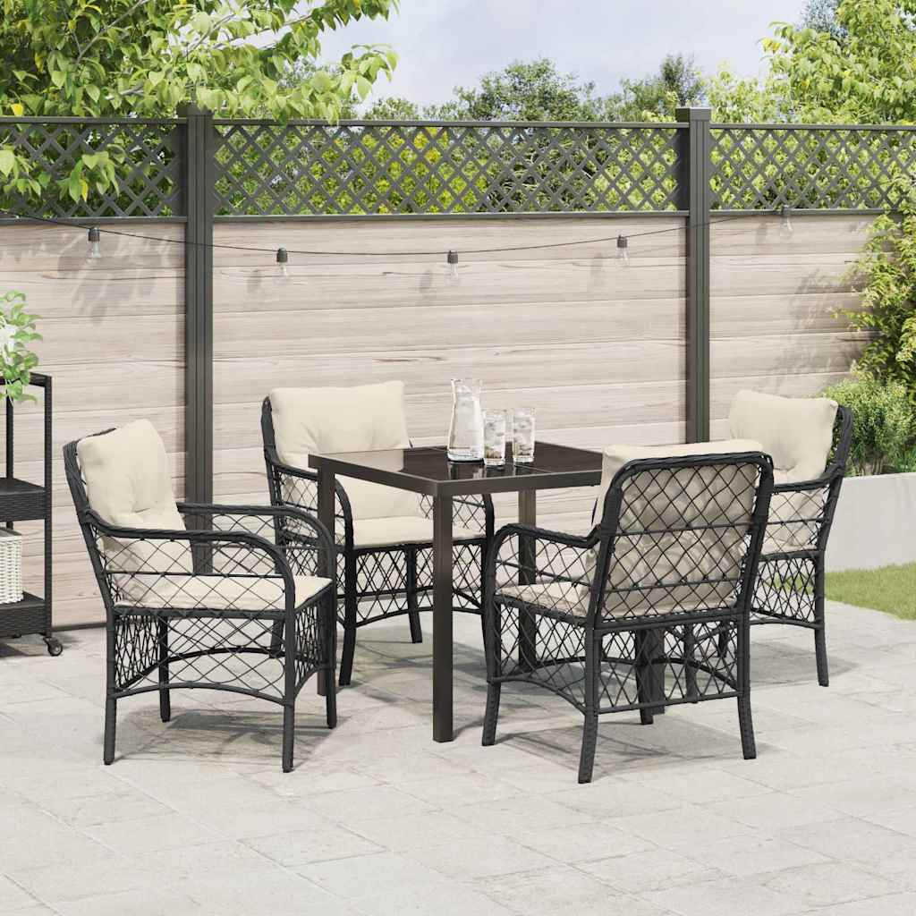 Tuin eettafelset met kussen 5 pcs Zwart poly rattan