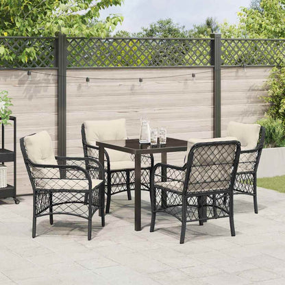 Tuin eettafelset met kussen 5 pcs Zwart poly rattan