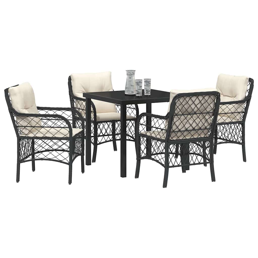 Tuin eettafelset met kussen 5 pcs Zwart poly rattan