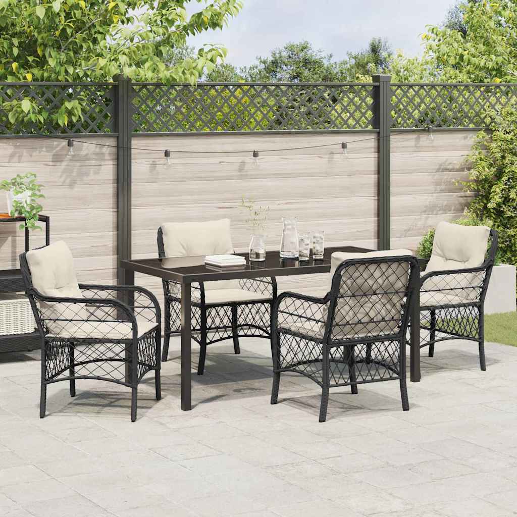 Tuin eettafelset met kussen 5 pcs Zwart poly rattan
