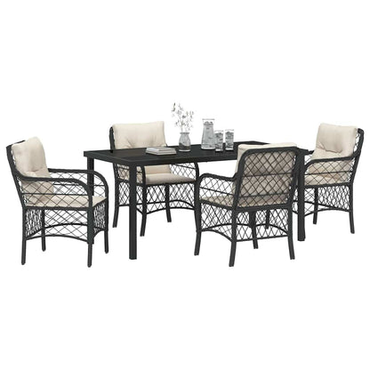 Tuin eettafelset met kussen 5 pcs Zwart poly rattan