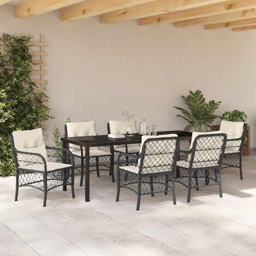 Tuin Eettafelset Met Kussen 7 Pcs Zwart Poly Rattan