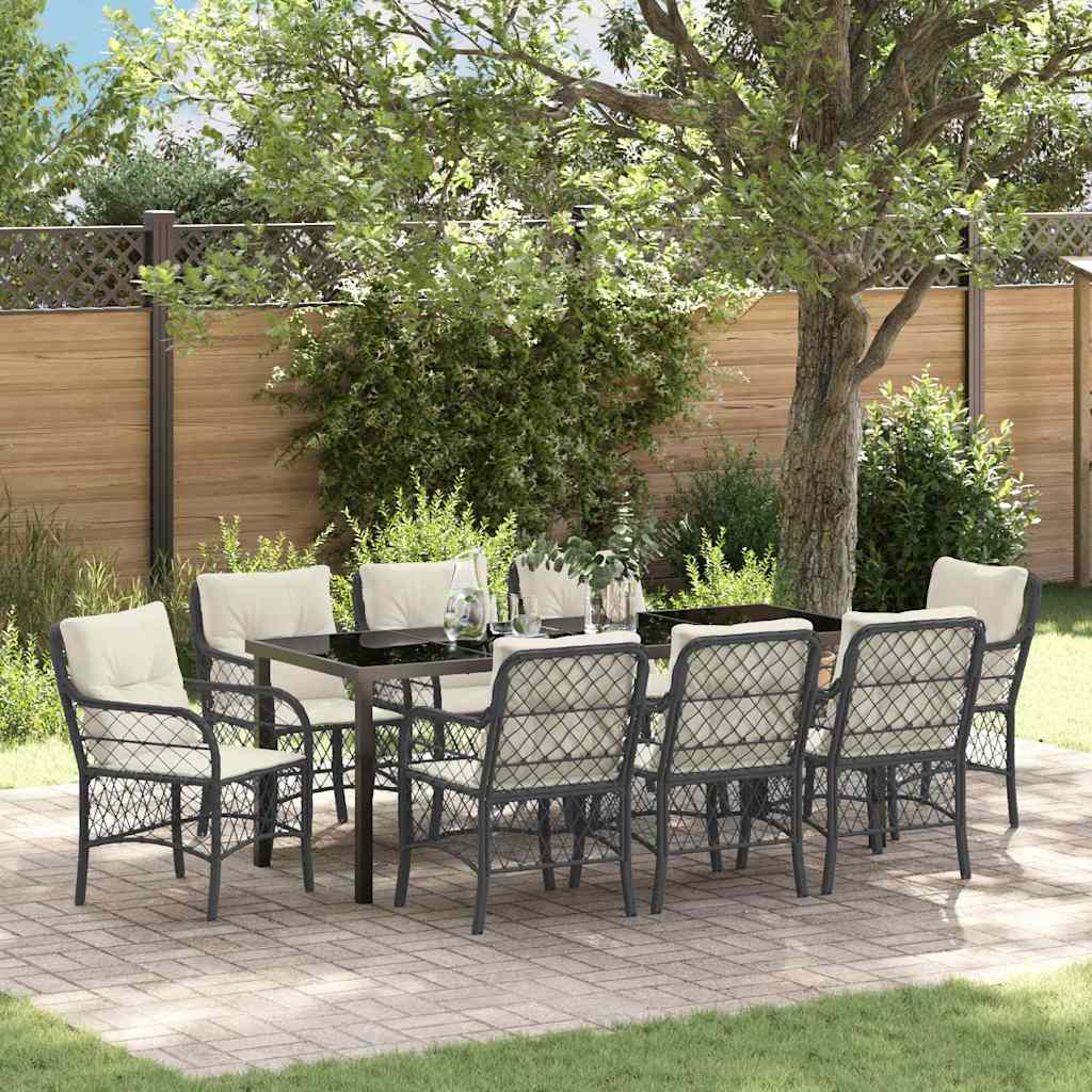 Tuin Eettafelset Met Kussen 9 Pcs Zwart Poly Rattan