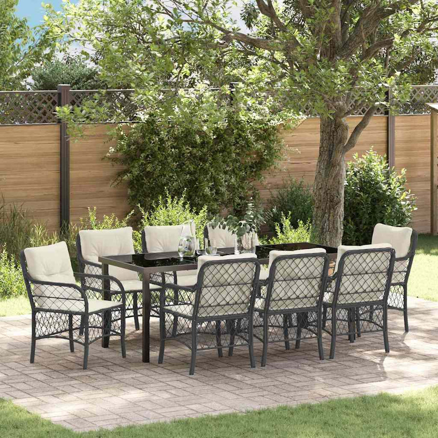 Tuin Eettafelset Met Kussen 9 Pcs Zwart Poly Rattan