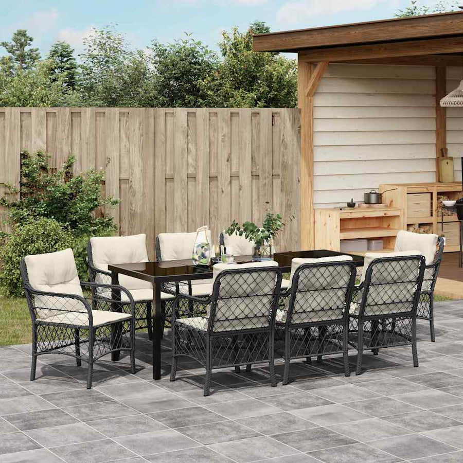 Tuin Eettafelset Met Kussen 9 Pcs Zwart Poly Rattan