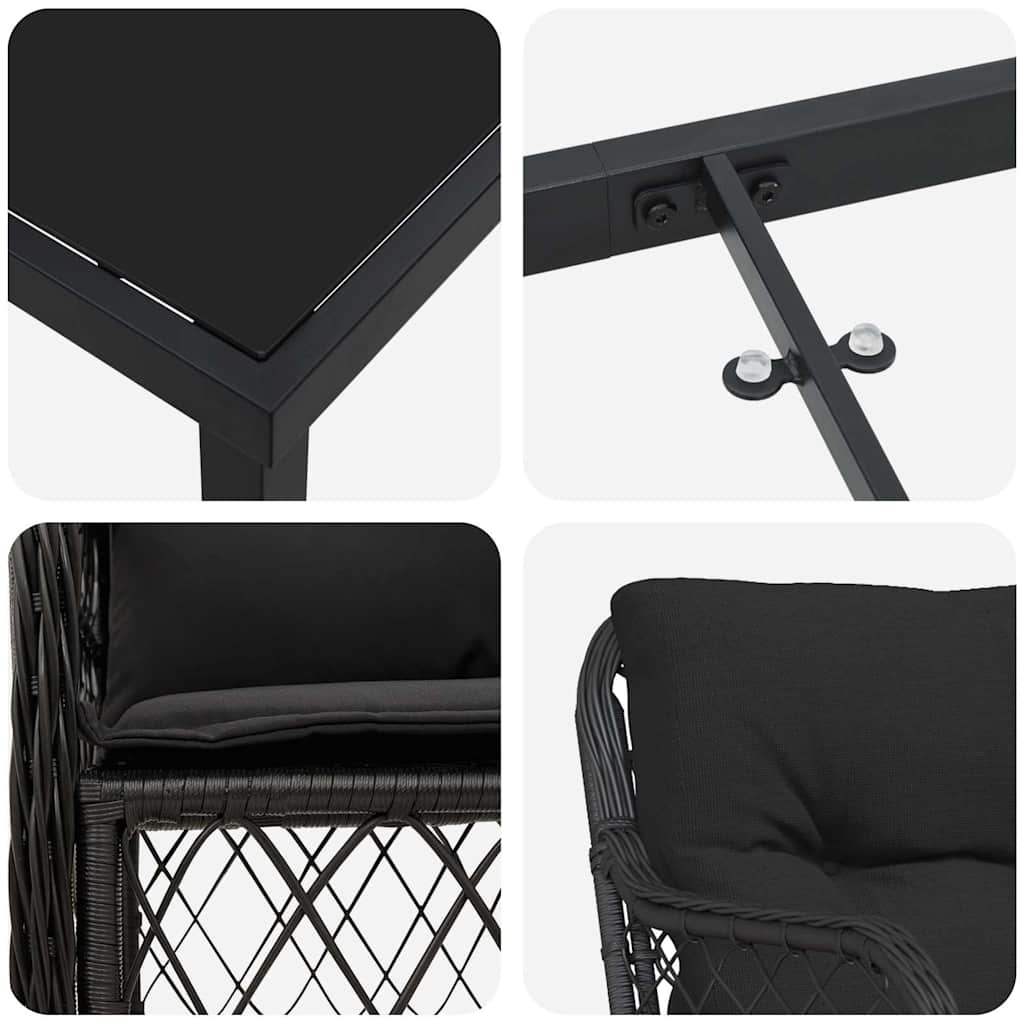 Tuin eettafelset met kussen 5 pcs Zwart poly rattan