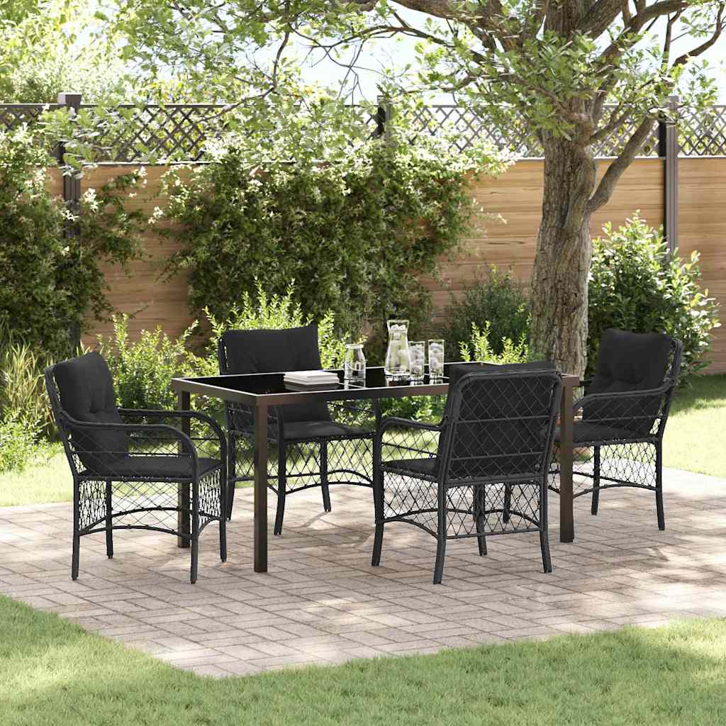 Tuin eettafelset met kussen 5 pcs Zwart poly rattan