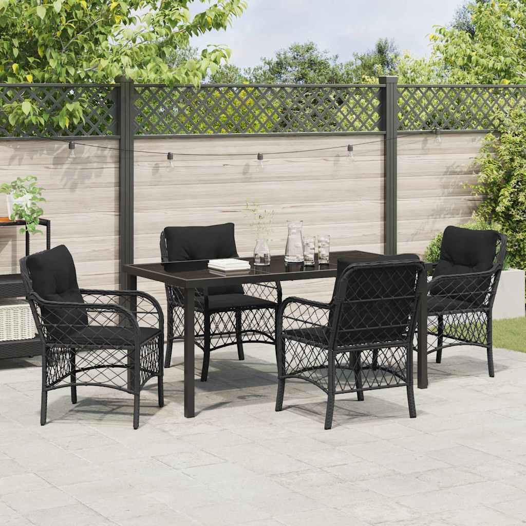 Tuin eettafelset met kussen 5 pcs Zwart poly rattan
