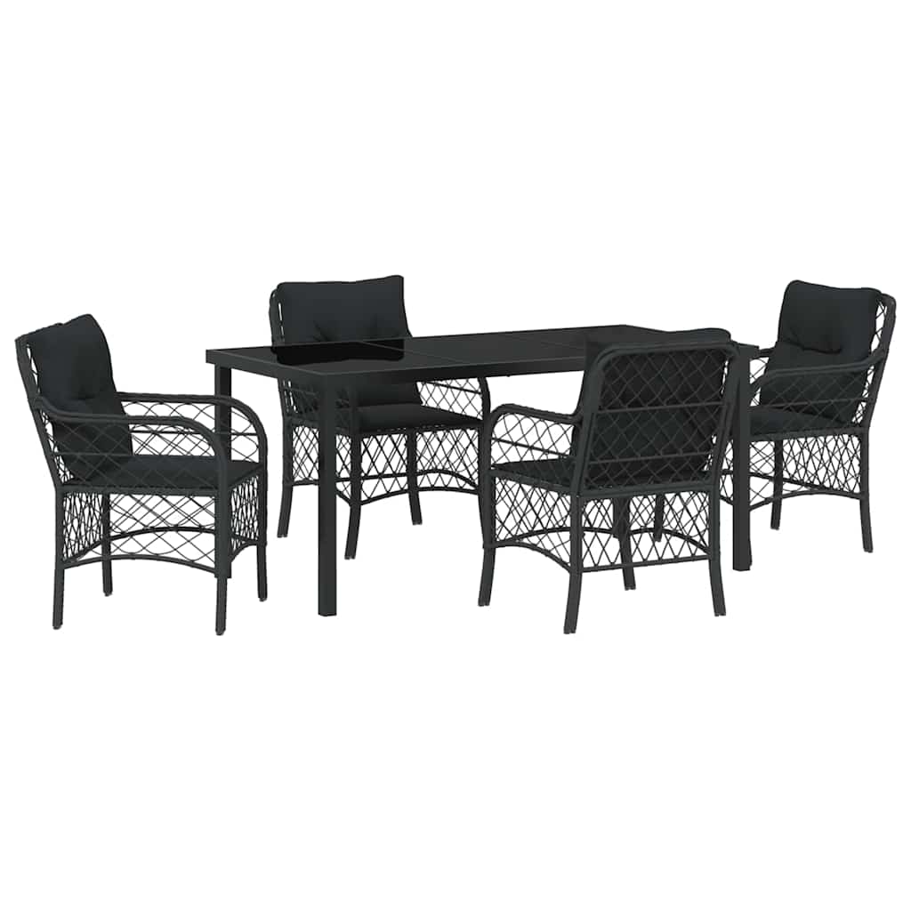Tuin eettafelset met kussen 5 pcs Zwart poly rattan