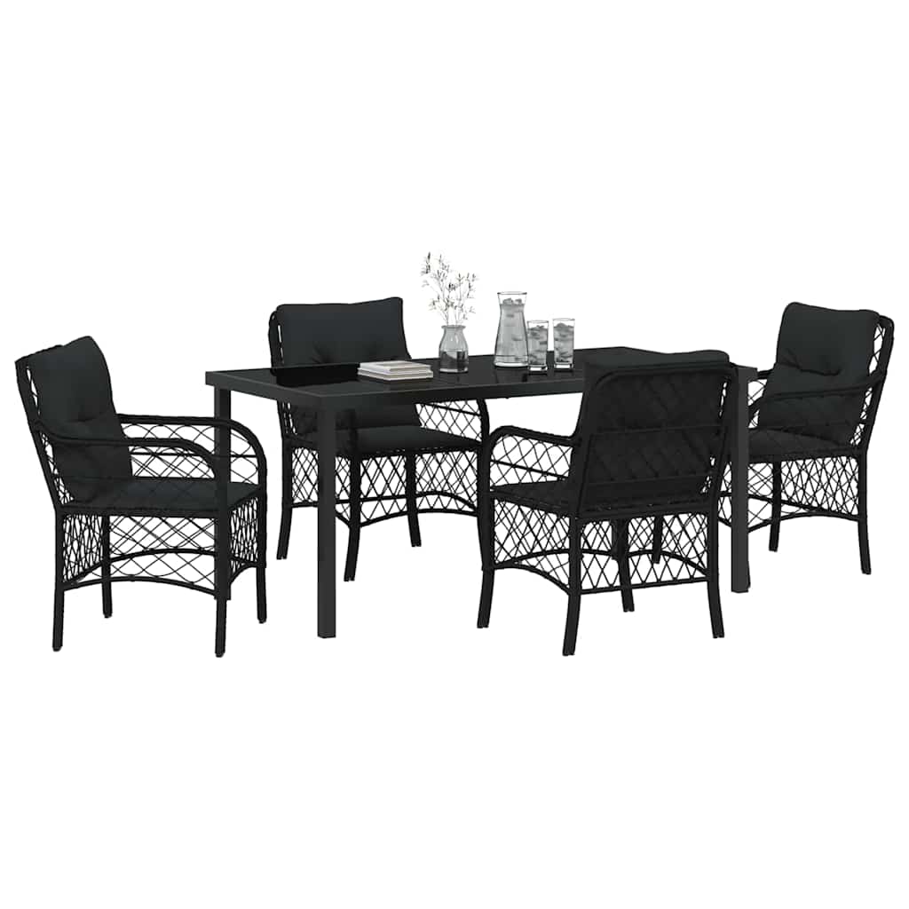 Tuin eettafelset met kussen 5 pcs Zwart poly rattan