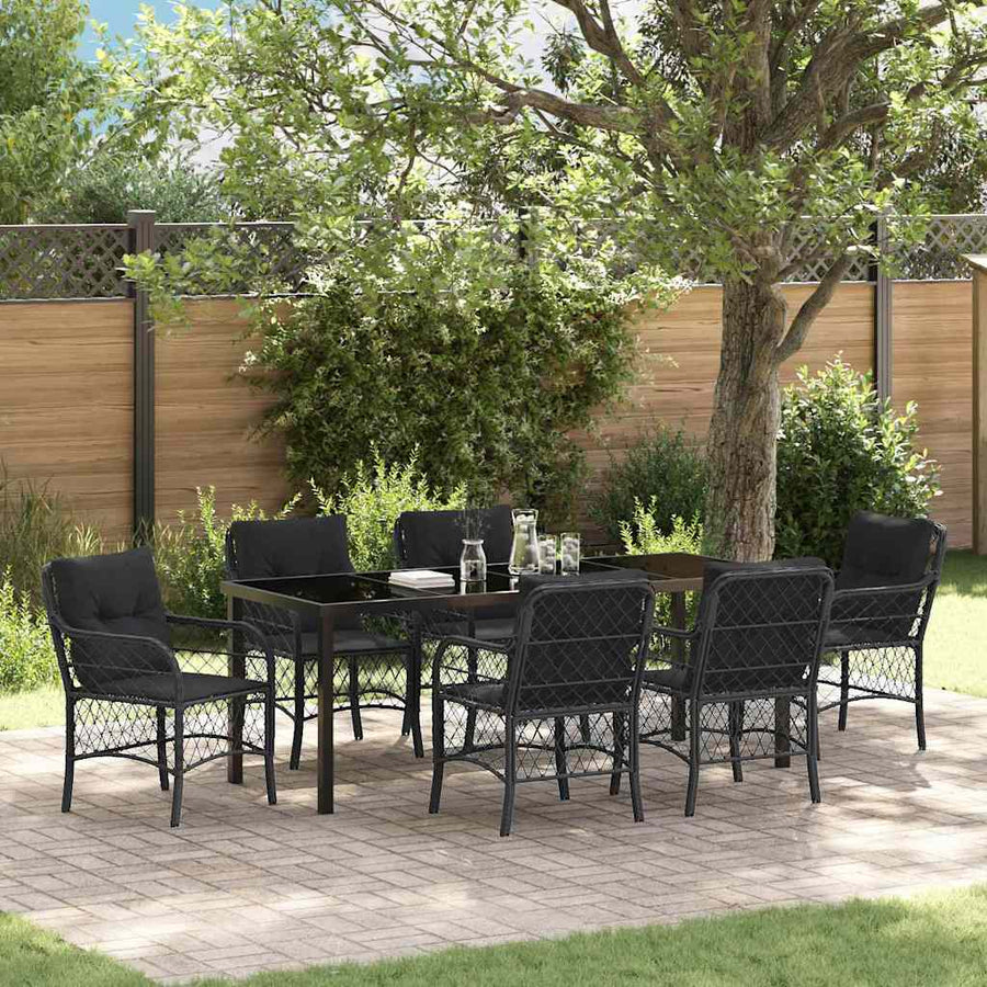 Tuin Eettafelset Met Kussen 7 Pcs Zwart Poly Rattan