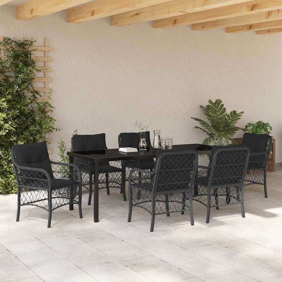 Tuin Eettafelset Met Kussen 7 Pcs Zwart Poly Rattan