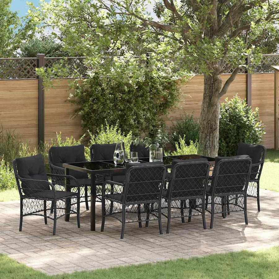 Tuin Eetset Met Kussen 9 Pcs Zwart Poly Riet