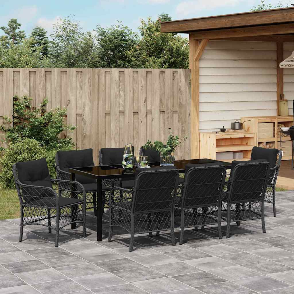 Tuin Eetset Met Kussen 9 Pcs Zwart Poly Riet