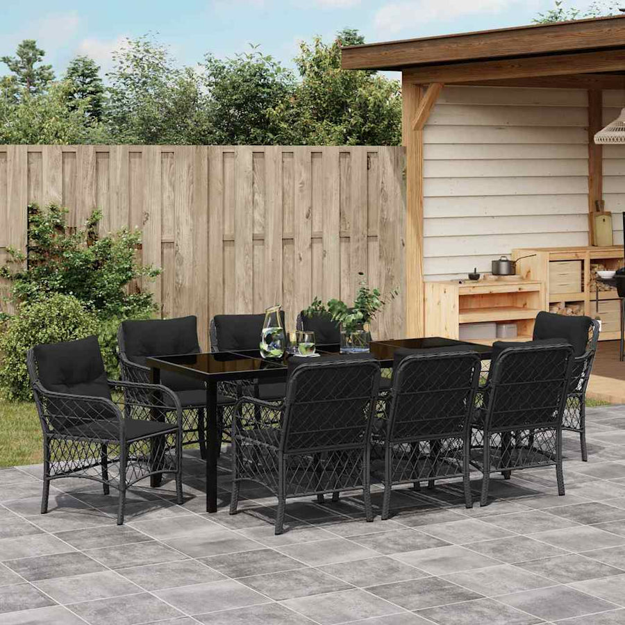 Tuin Eetset Met Kussen 9 Pcs Zwart Poly Riet