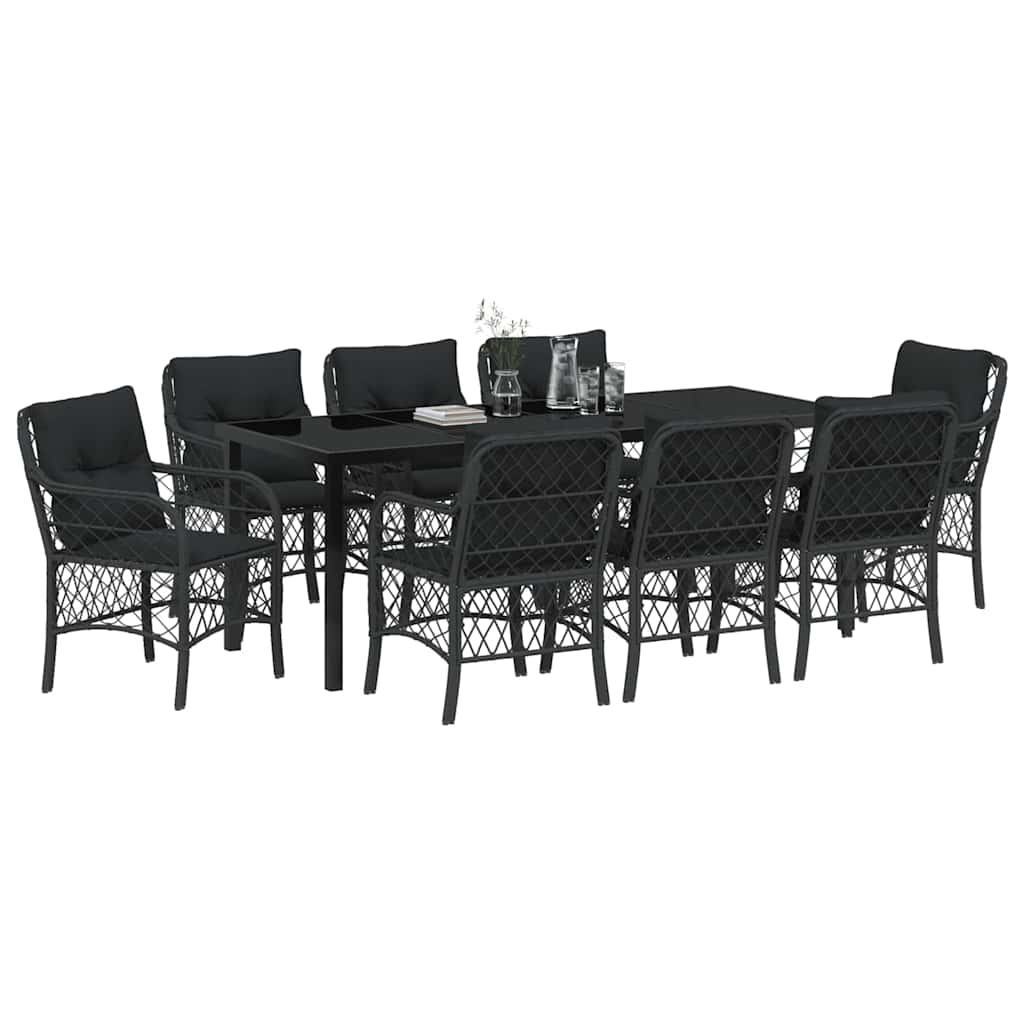 Tuin Eetset Met Kussen 9 Pcs Zwart Poly Riet
