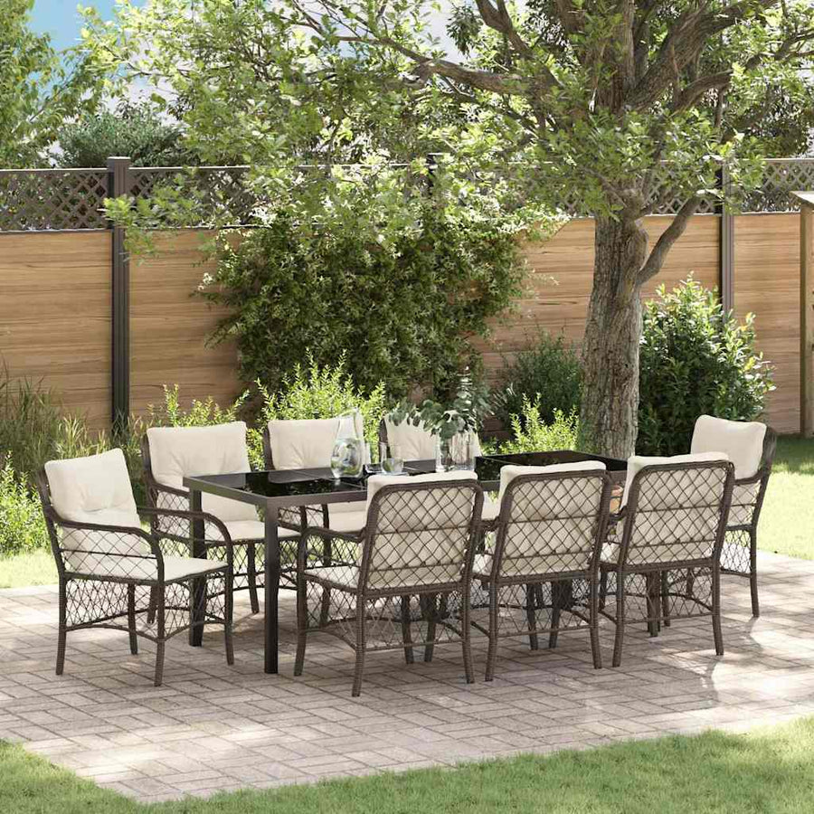Tuin Eettafelset Met Kussen 9 Pcs Bruin Poly Rattan