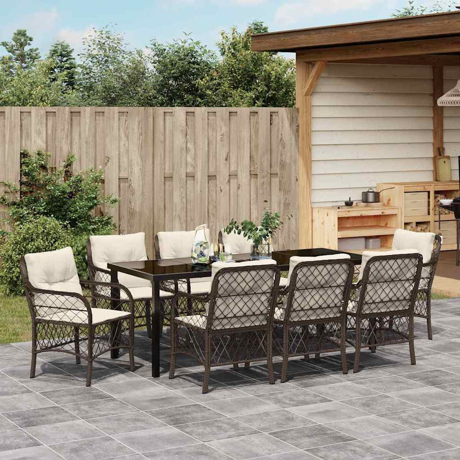Tuin Eettafelset Met Kussen 9 Pcs Bruin Poly Rattan
