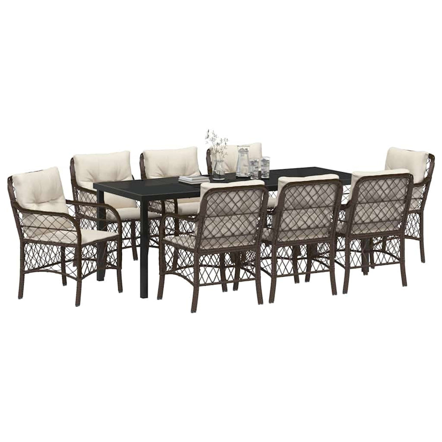 Tuin Eettafelset Met Kussen 9 Pcs Bruin Poly Rattan