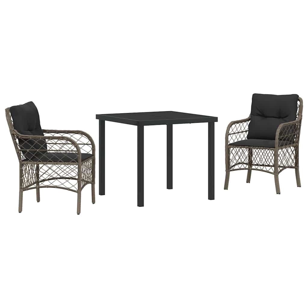 Tuin eettafelset met kussen 3 pcs Grijs poly rattan