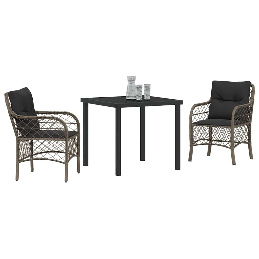 Tuin eettafelset met kussen 3 pcs Grijs poly rattan