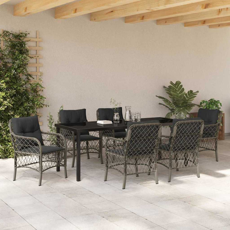 Tuin eettafelset met kussen 7 pcs Grijs poly rattan