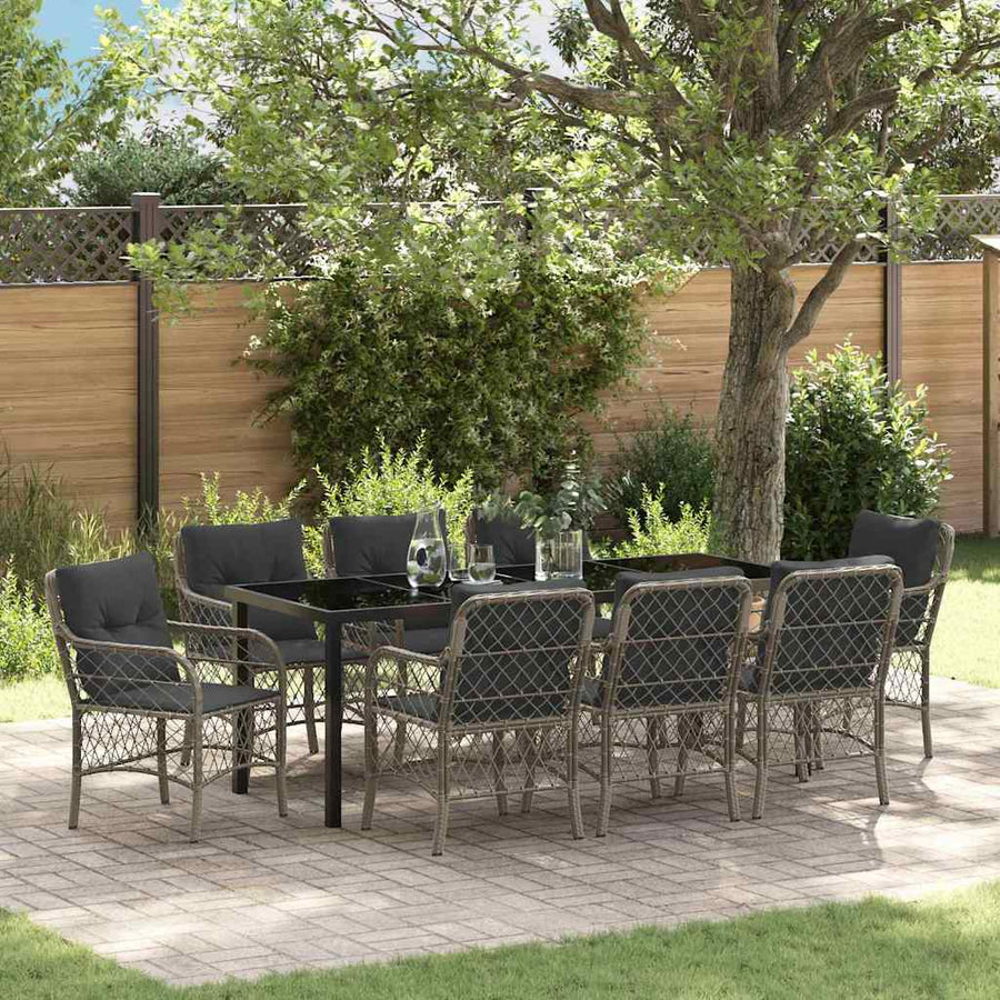 Tuin Eettafelset Met Kussen 9 Pcs Grijs Poly Rattan