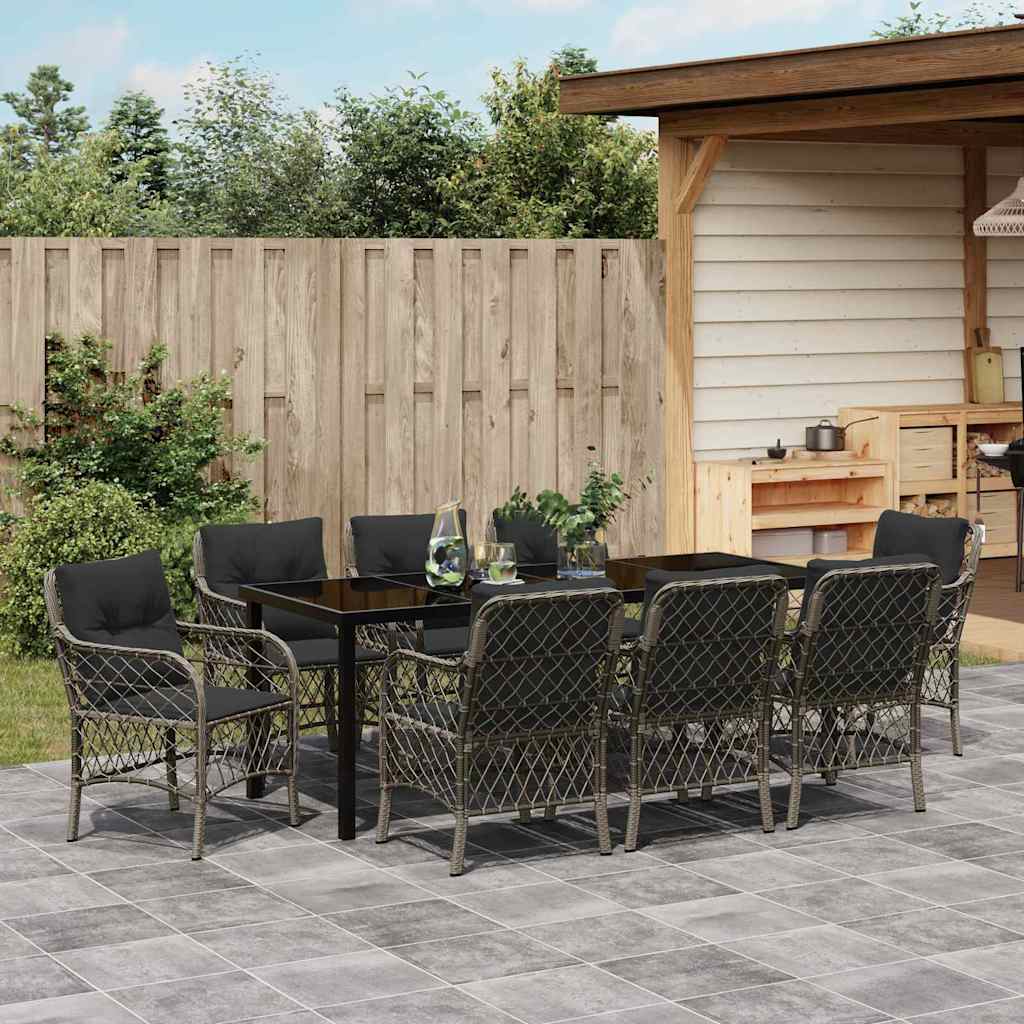 Tuin Eettafelset Met Kussen 9 Pcs Grijs Poly Rattan
