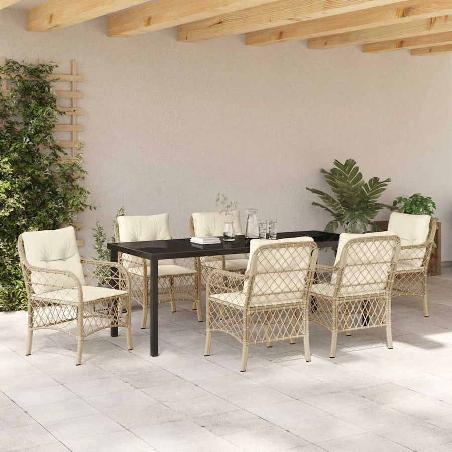 Tuin Eettafelset Met Kussen 7 Pcs Beige Poly Rattan