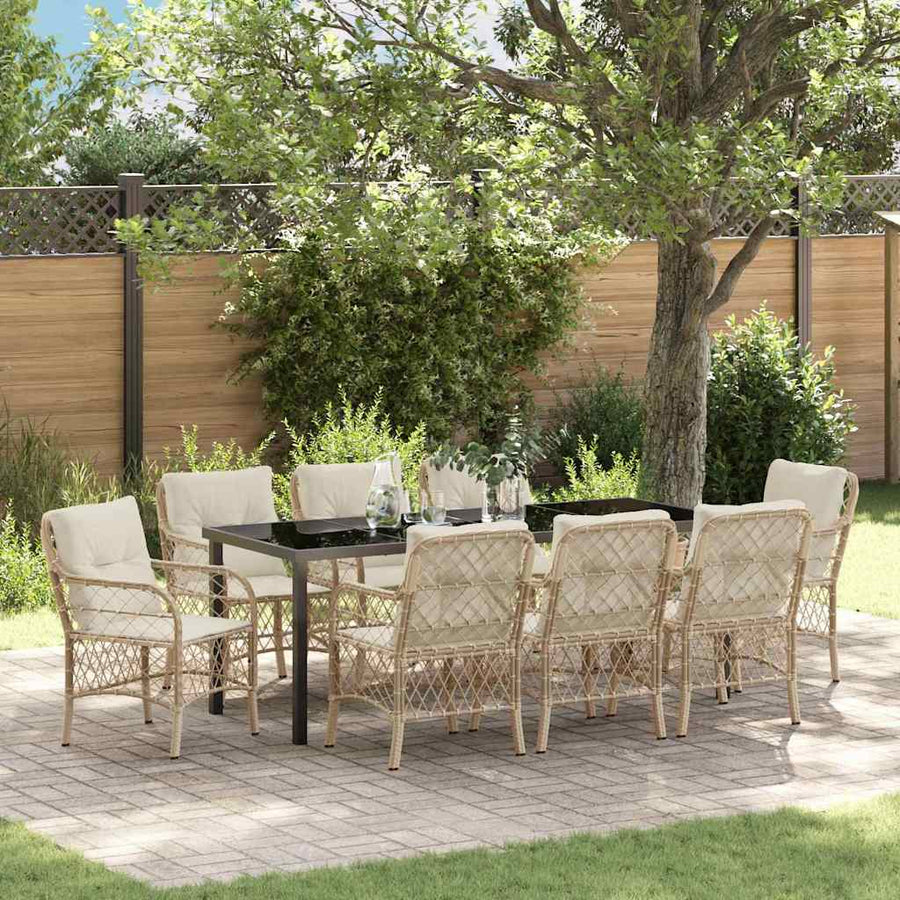 Tuin Eettafelset Met Kussen 9 Pcs Beige Poly Rattan