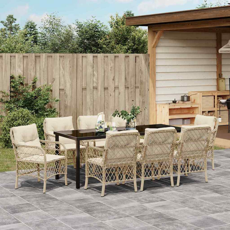 Tuin Eettafelset Met Kussen 9 Pcs Beige Poly Rattan