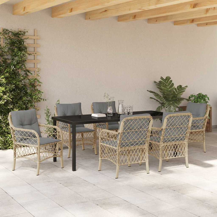 Tuin Eettafelset Met Kussen 7 Pcs Beige Poly Rattan