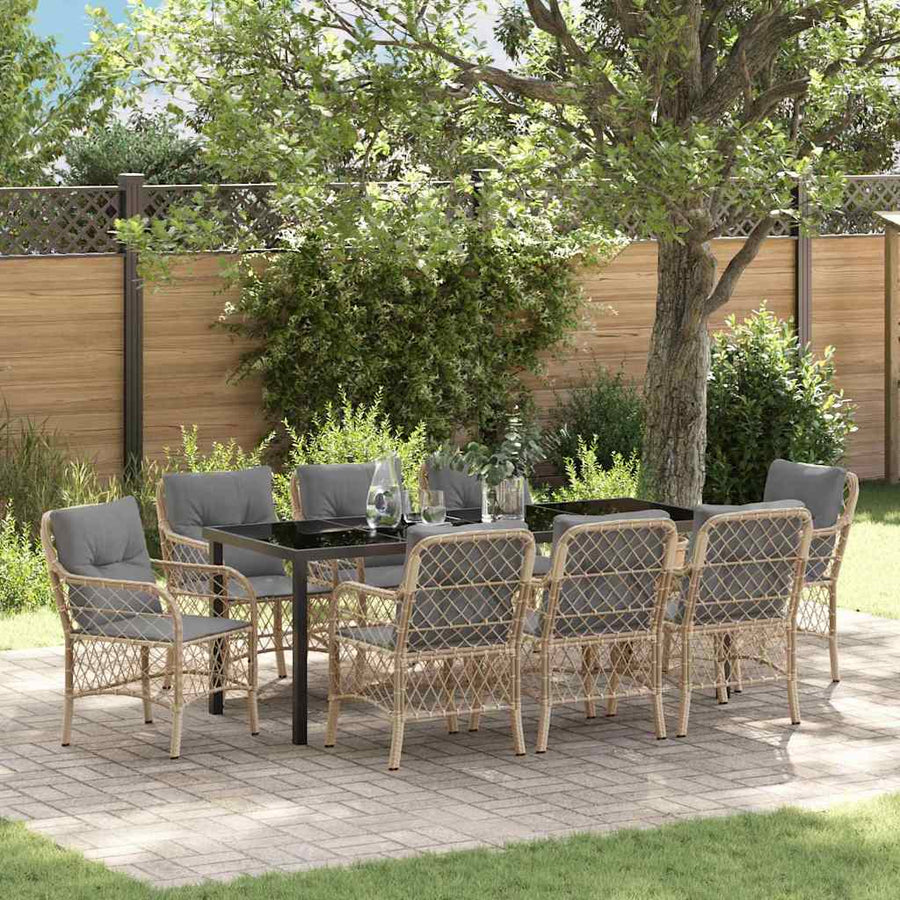 Tuin Eettafelset Met Kussen 9 Pcs Beige Poly Rattan