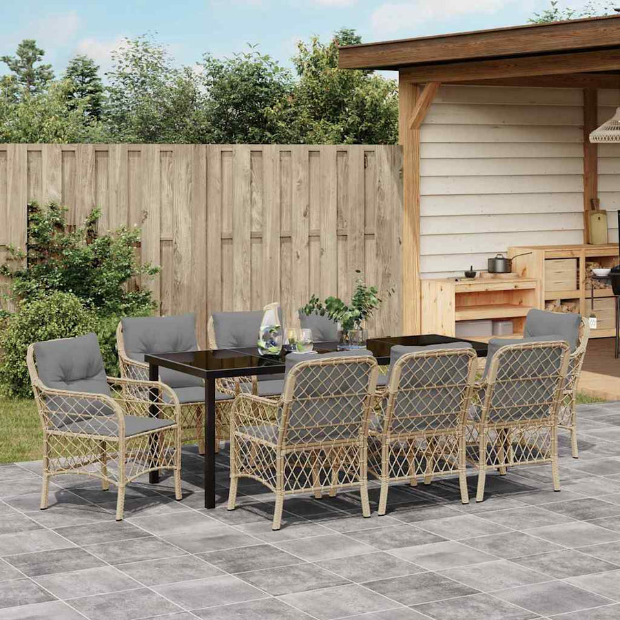 Tuin Eettafelset Met Kussen 9 Pcs Beige Poly Rattan