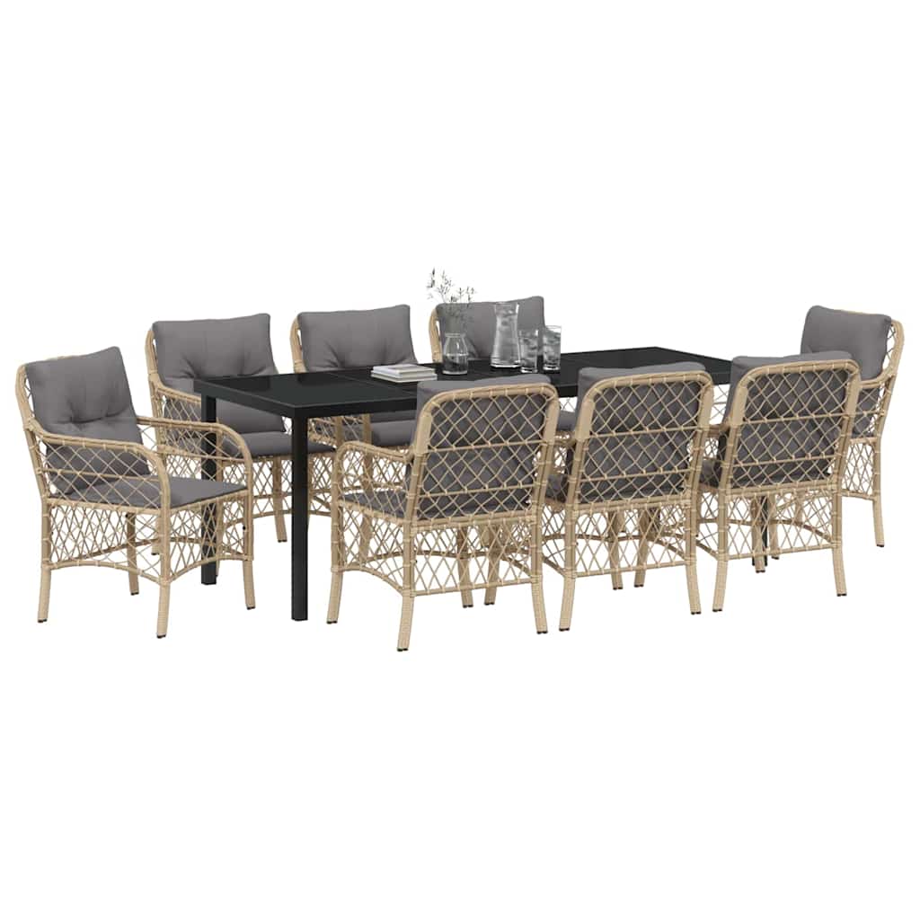 Tuin Eettafelset Met Kussen 9 Pcs Beige Poly Rattan